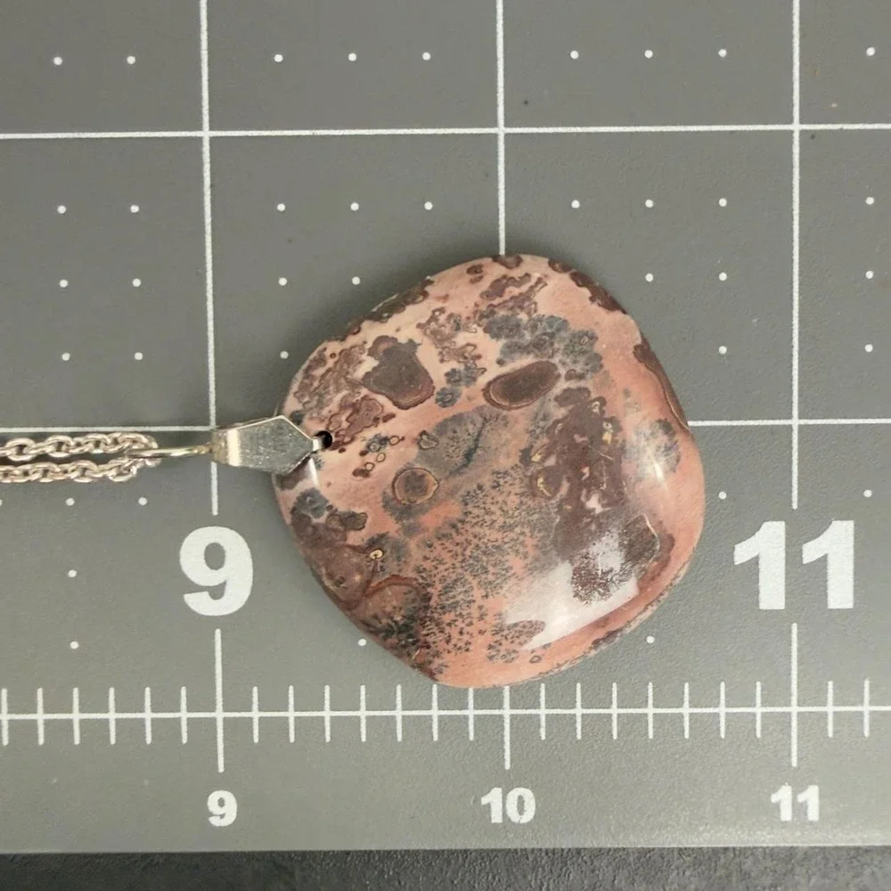Natural Stone Boho Necklace Mauve Earthy Pendant Silver Tone Organic Design
